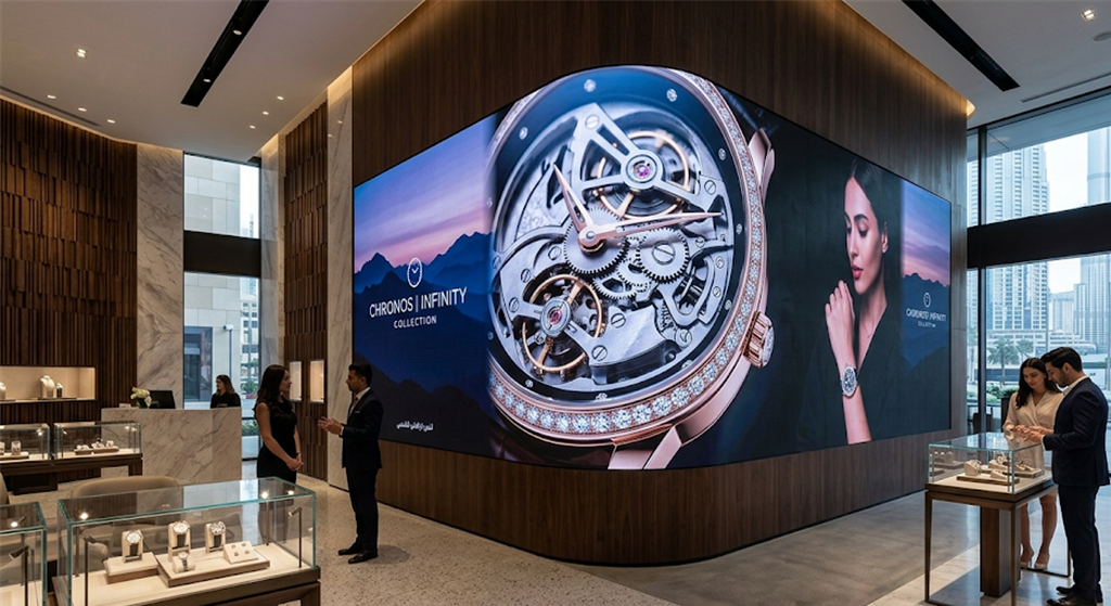 Premium retail showroom with curved LED brand wall